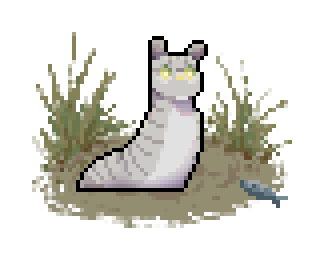 Pixel art of a young slugcat with grey tabby fur & a pale grey stomach.